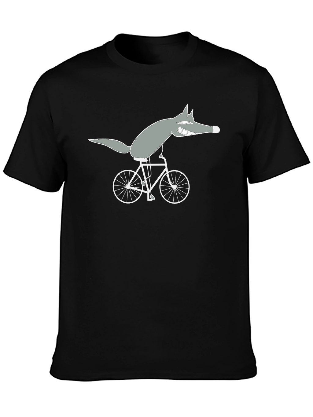 Wolf on Bike Black Tee - Quirky Cartoon Design