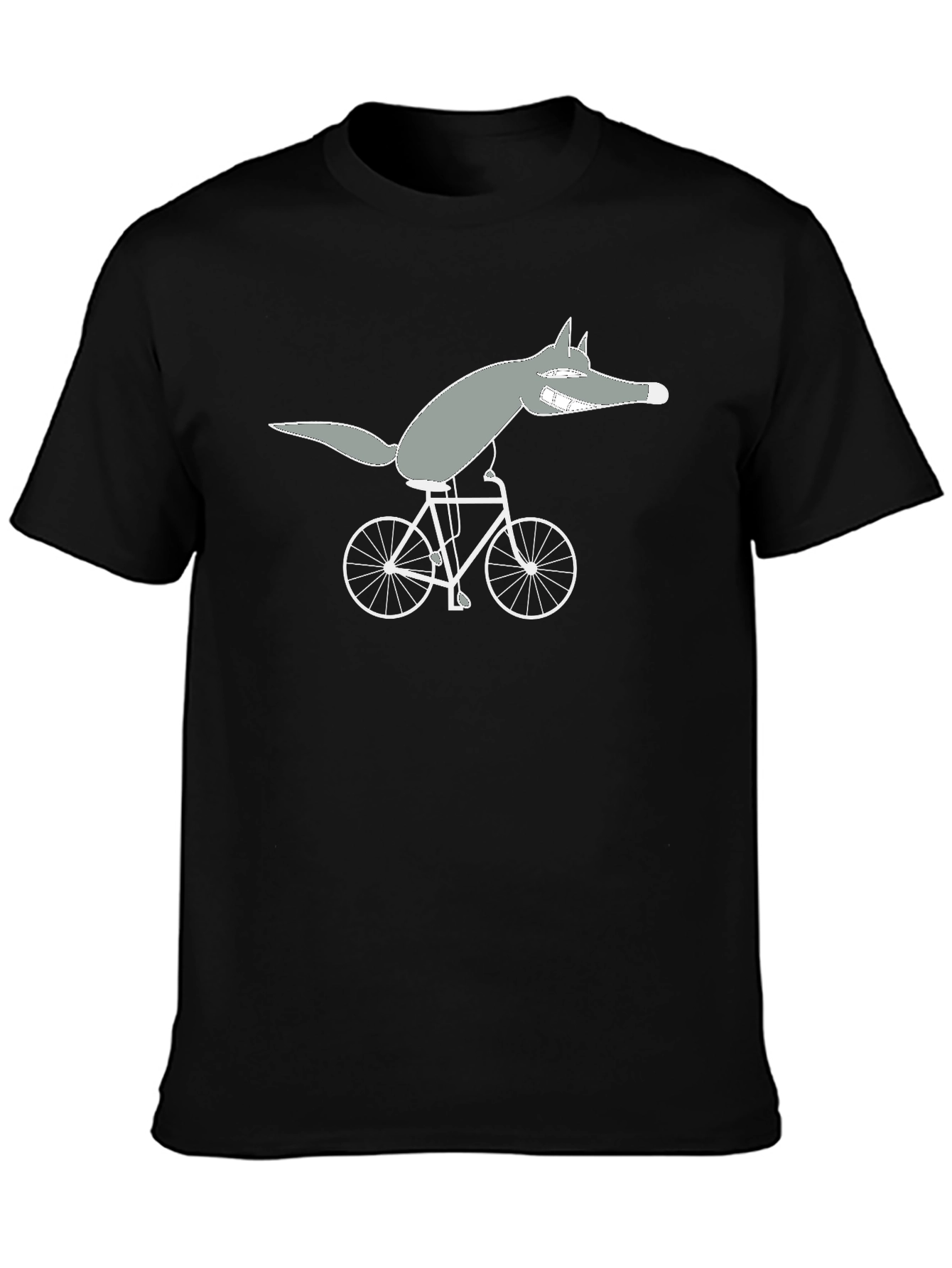 Wolf on Bike Black Tee - Quirky Cartoon Design