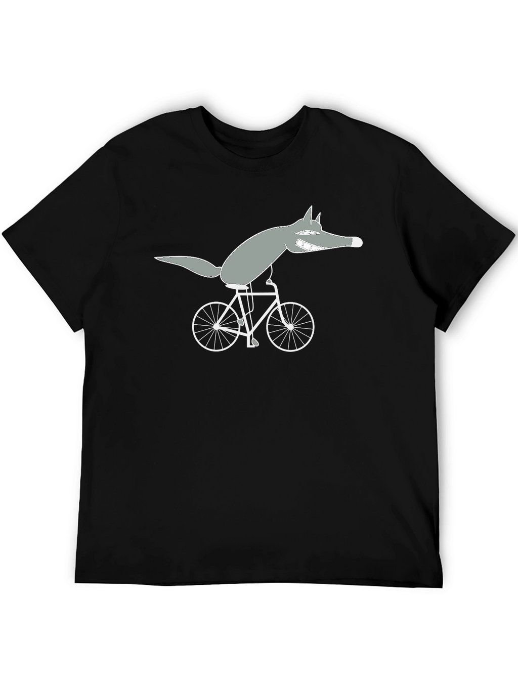 Wolf on Bike Black Tee - Quirky Cartoon Design