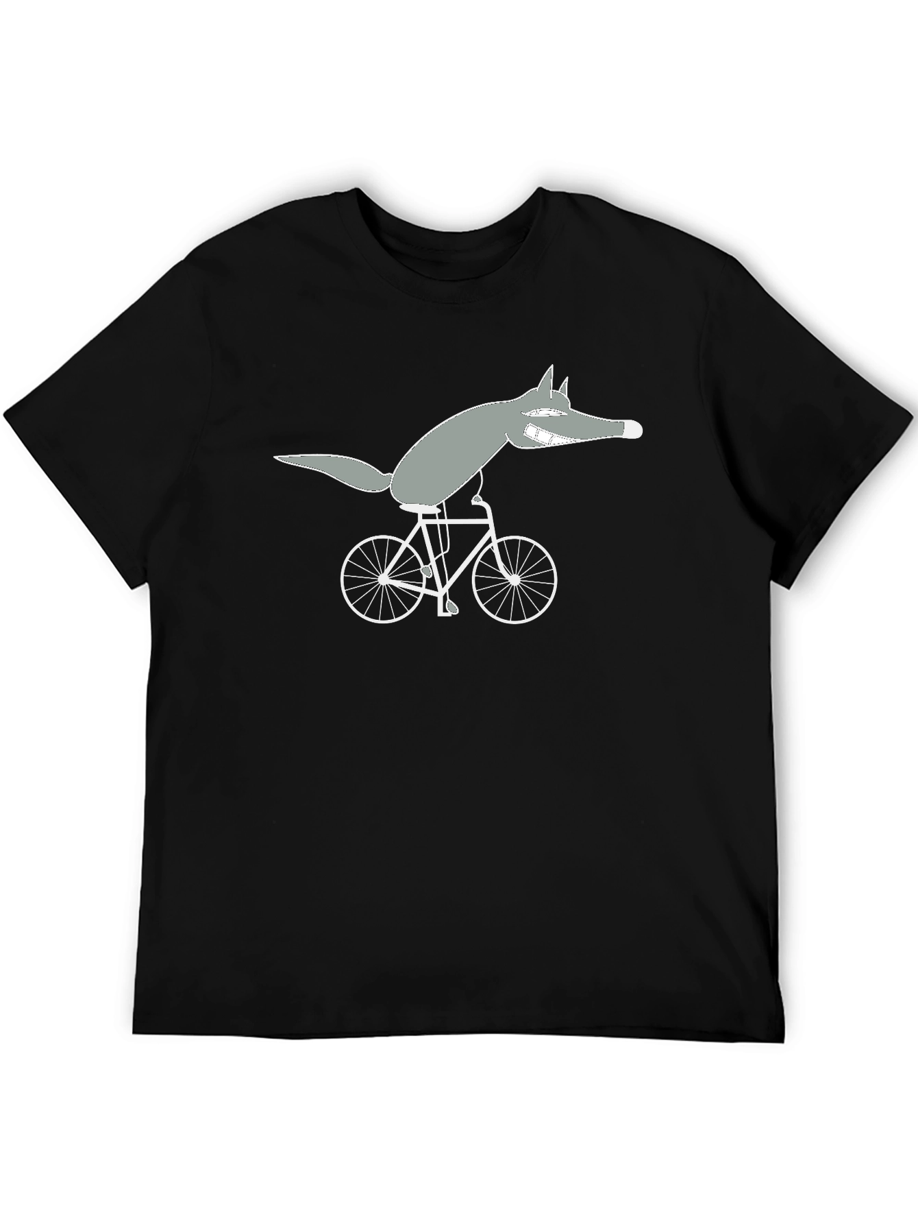 Wolf on Bike Black Tee - Quirky Cartoon Design