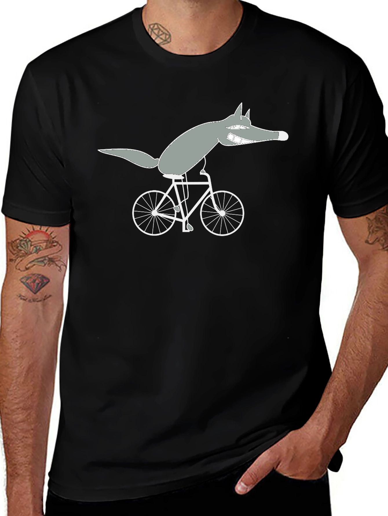 Wolf on Bike Black Tee - Quirky Cartoon Design