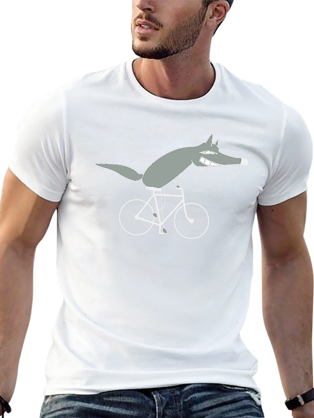Wolf on Bike Black Tee - Quirky Cartoon Design