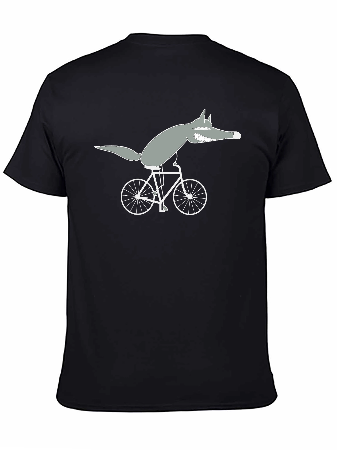 Wolf on Bike Black Tee - Quirky Cartoon Design