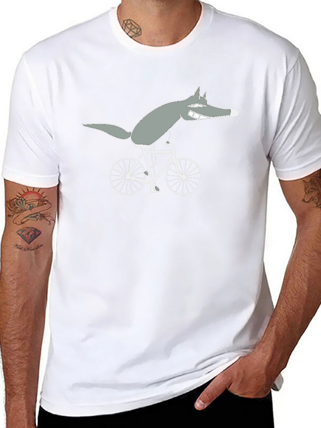Wolf on Bike Black Tee - Quirky Cartoon Design