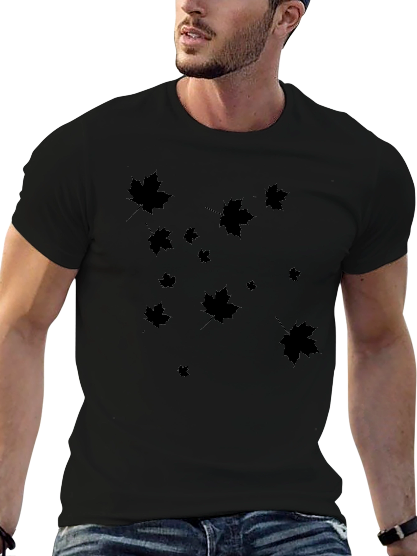 Maple Leaf Print Black T-Shirt