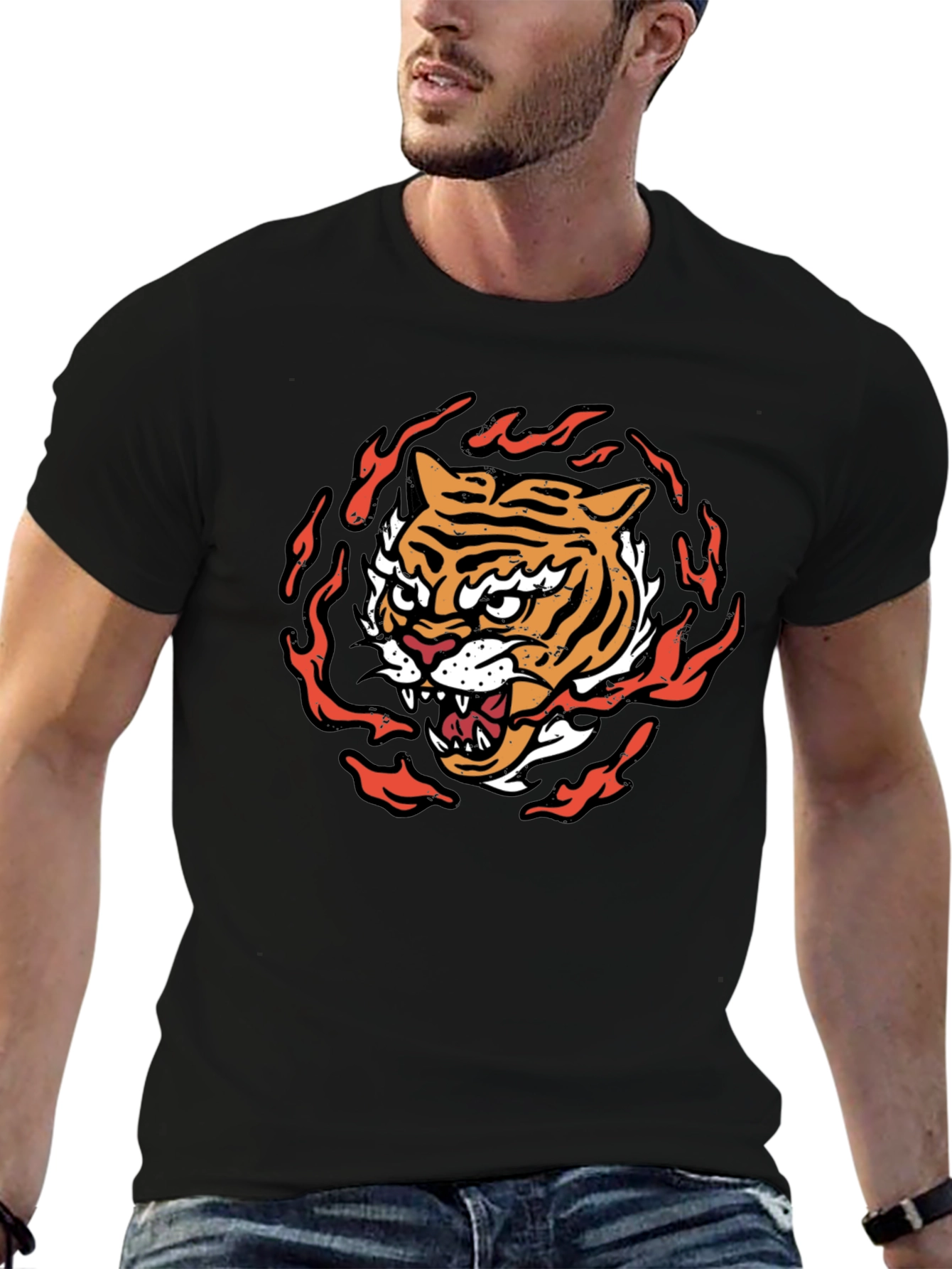 Fiery Tiger Graphic Tee - Bold Black T-Shirt