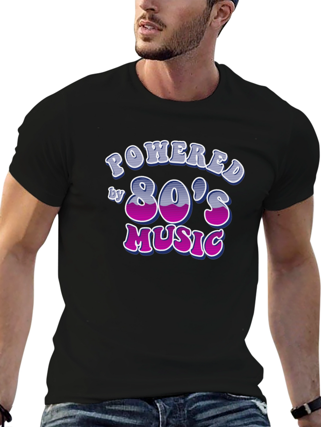 Powered by 80s Music Black T-Shirt