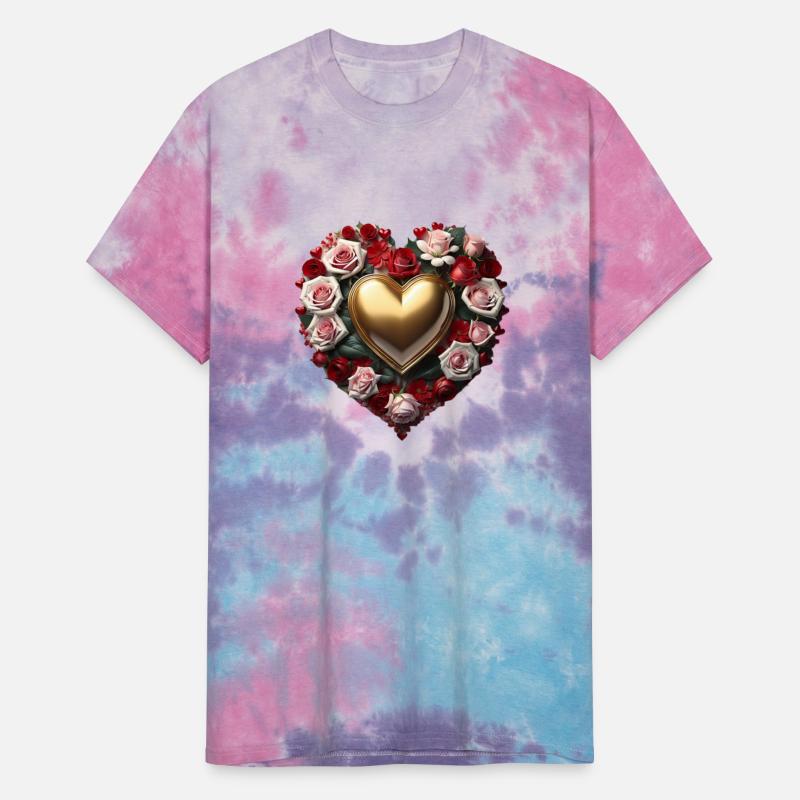 A golden heart surrounded by red and pink roses.