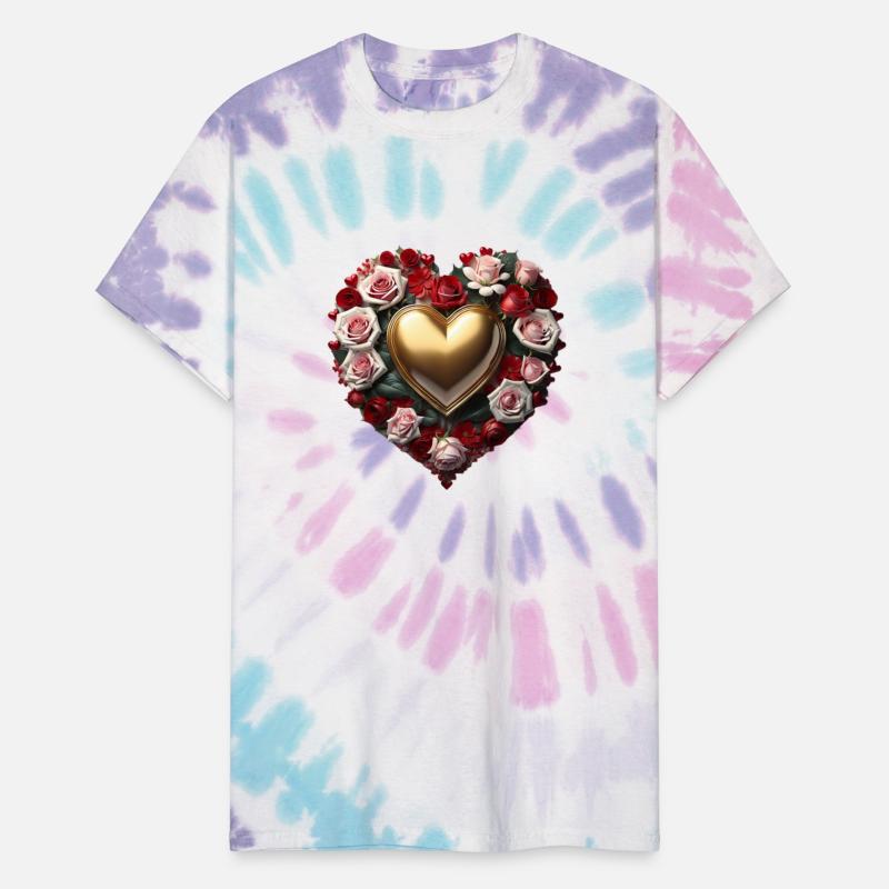 A golden heart surrounded by red and pink roses.