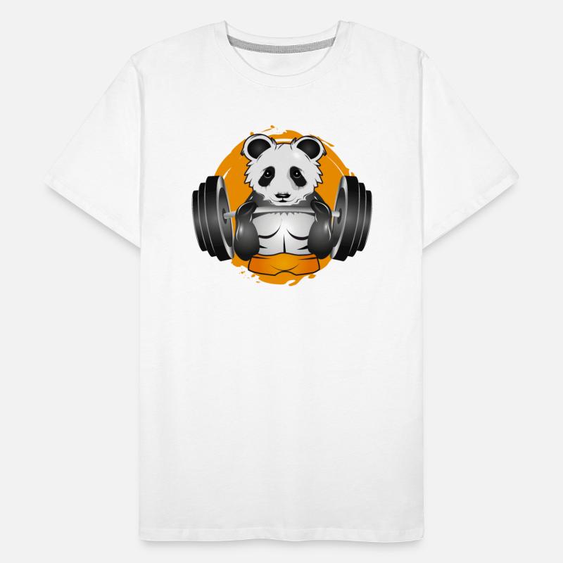 Bodybuilder panda bear with barbell in the gym