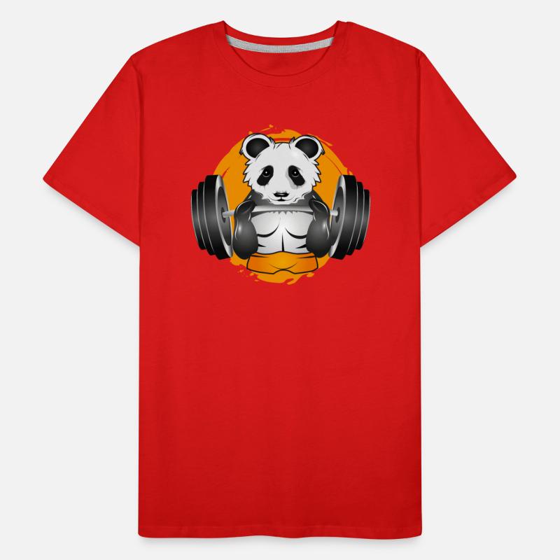 Bodybuilder panda bear with barbell in the gym