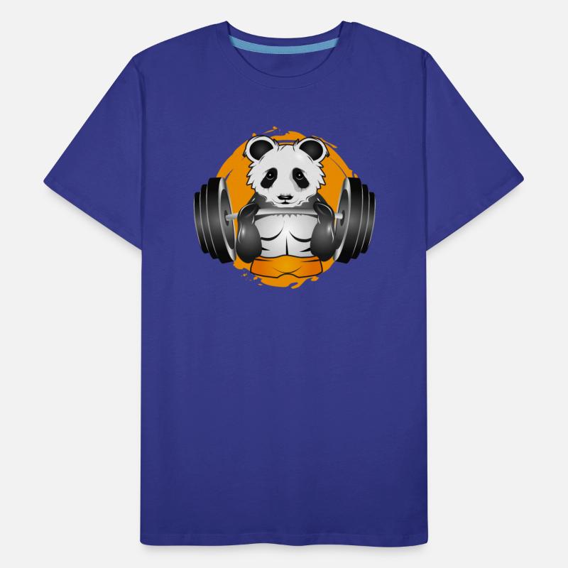 Bodybuilder panda bear with barbell in the gym