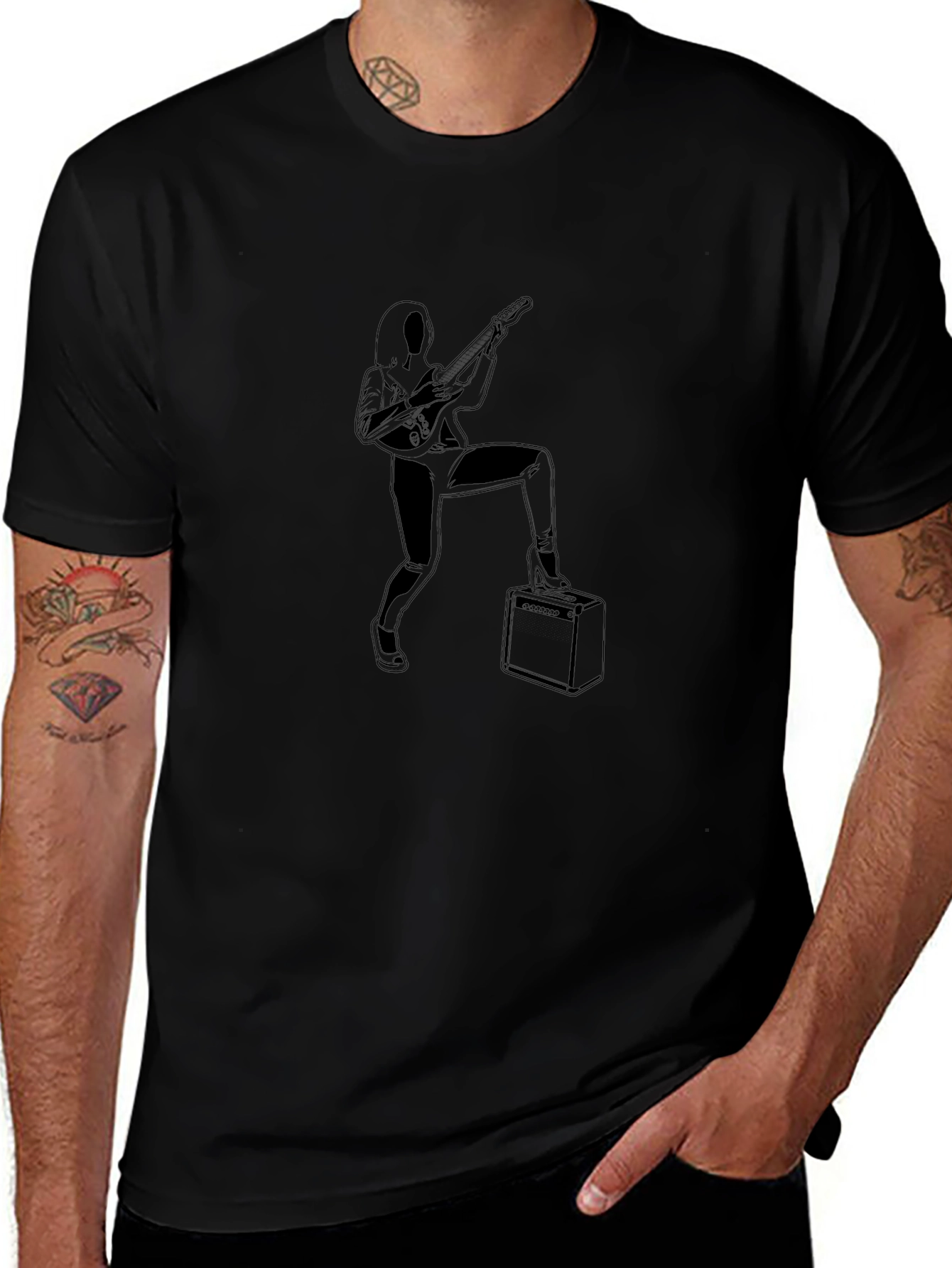Rock On! Black T-Shirt with Guitarist Graphic