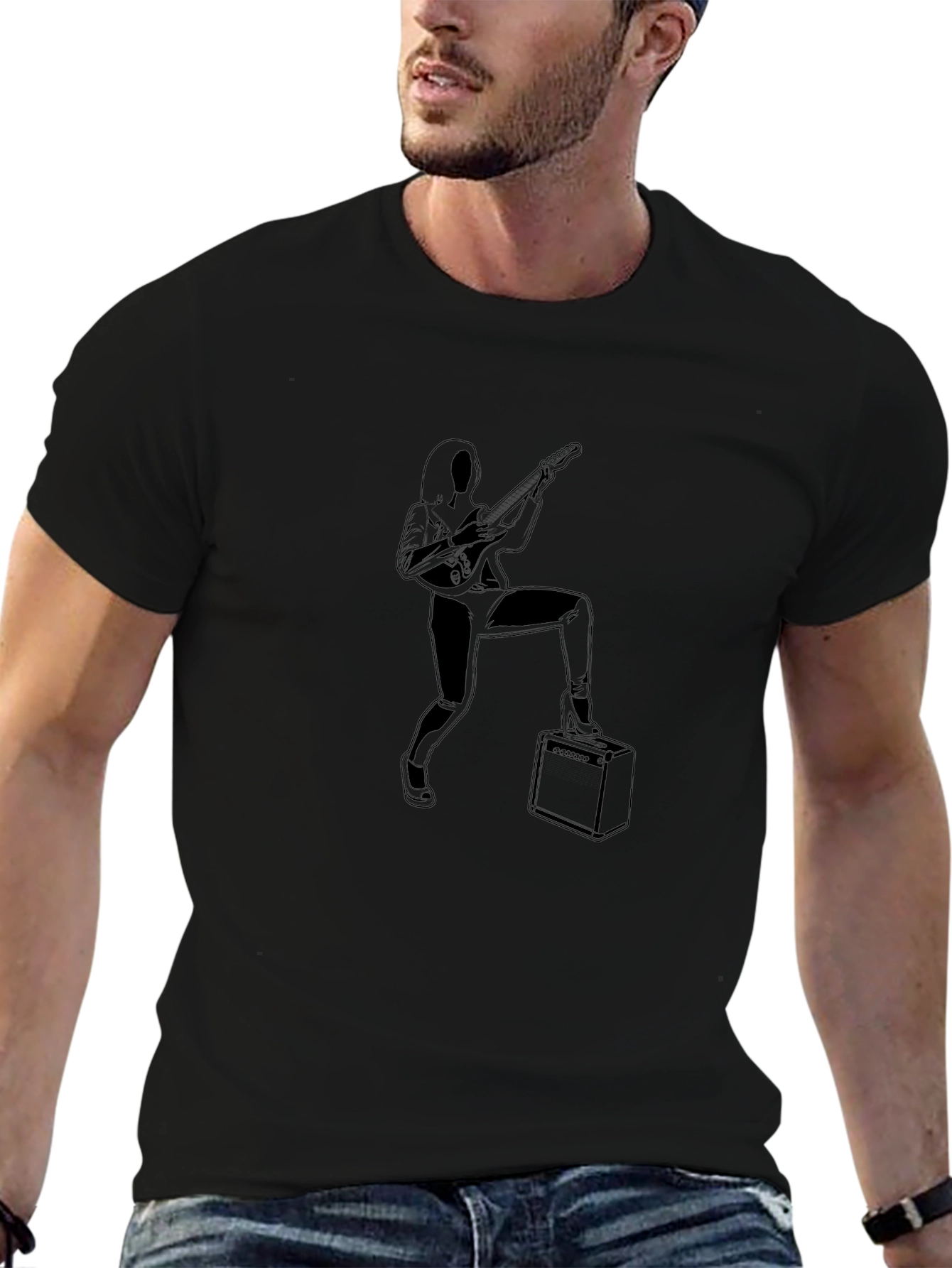 Rock On! Black T-Shirt with Guitarist Graphic