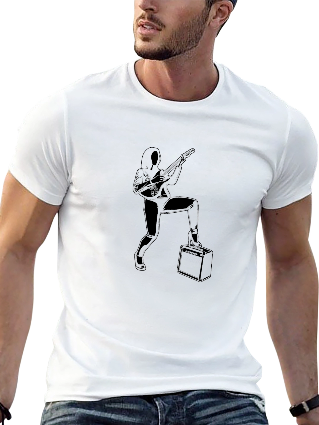 Rock On! Black T-Shirt with Guitarist Graphic