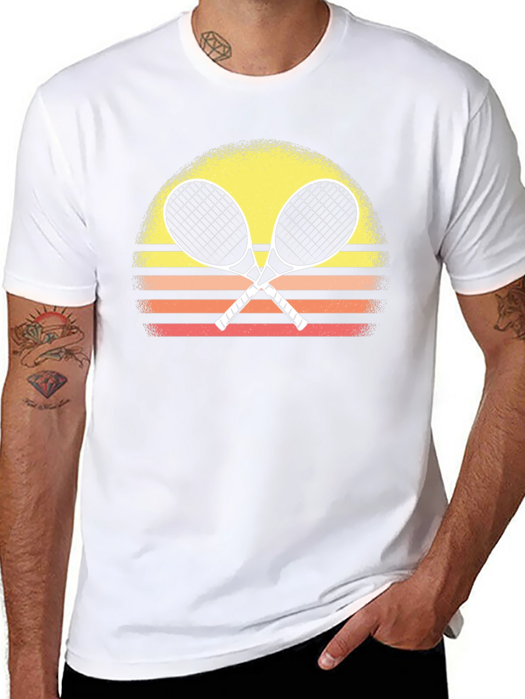 Retro Tennis Racquet T-Shirt Sunset Design