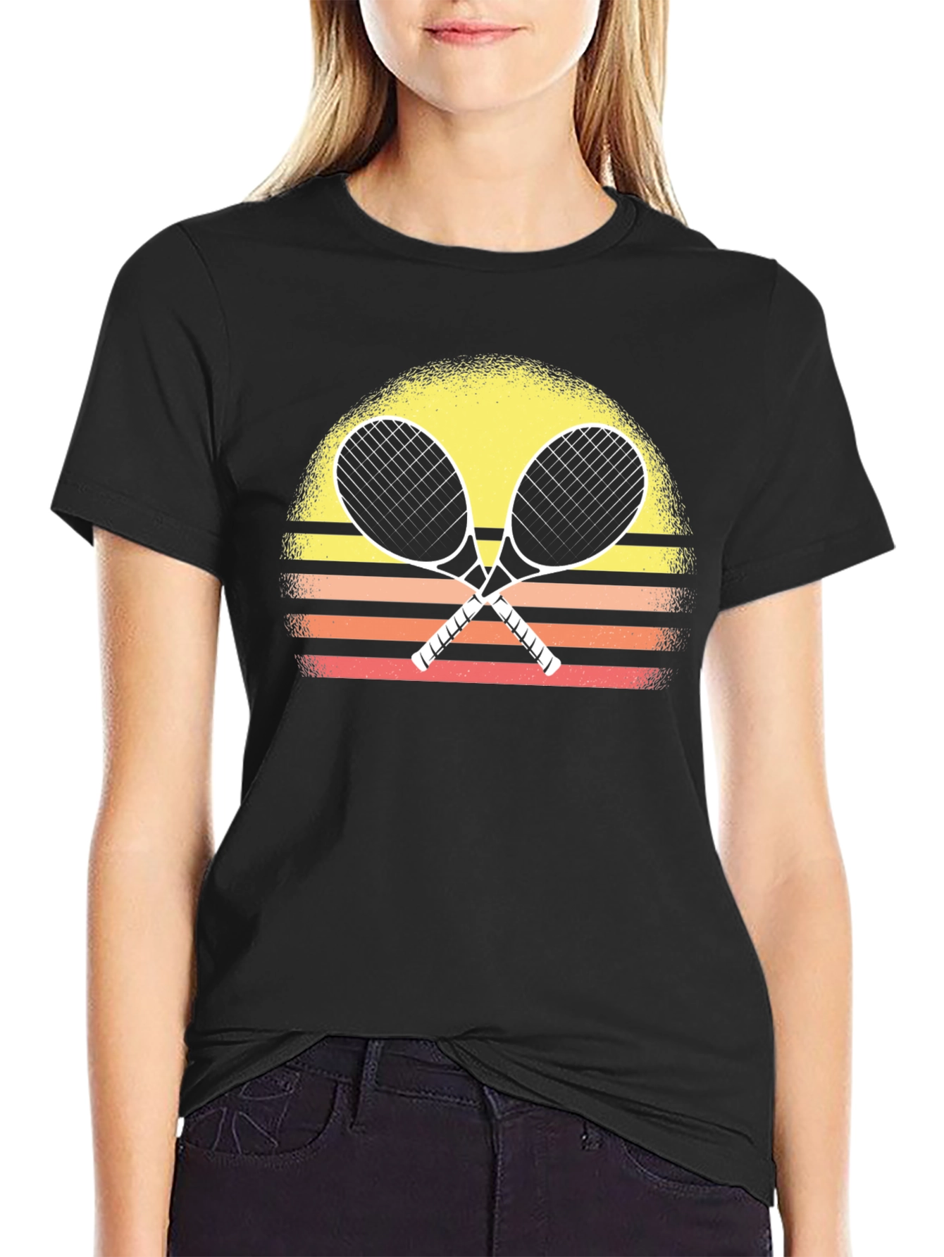 Retro Tennis Racquet T-Shirt Sunset Design