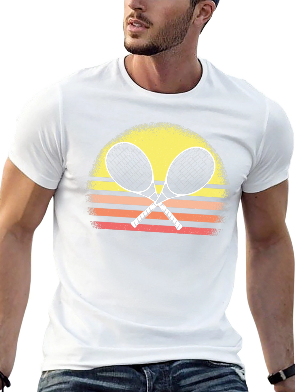 Retro Tennis Racquet T-Shirt Sunset Design
