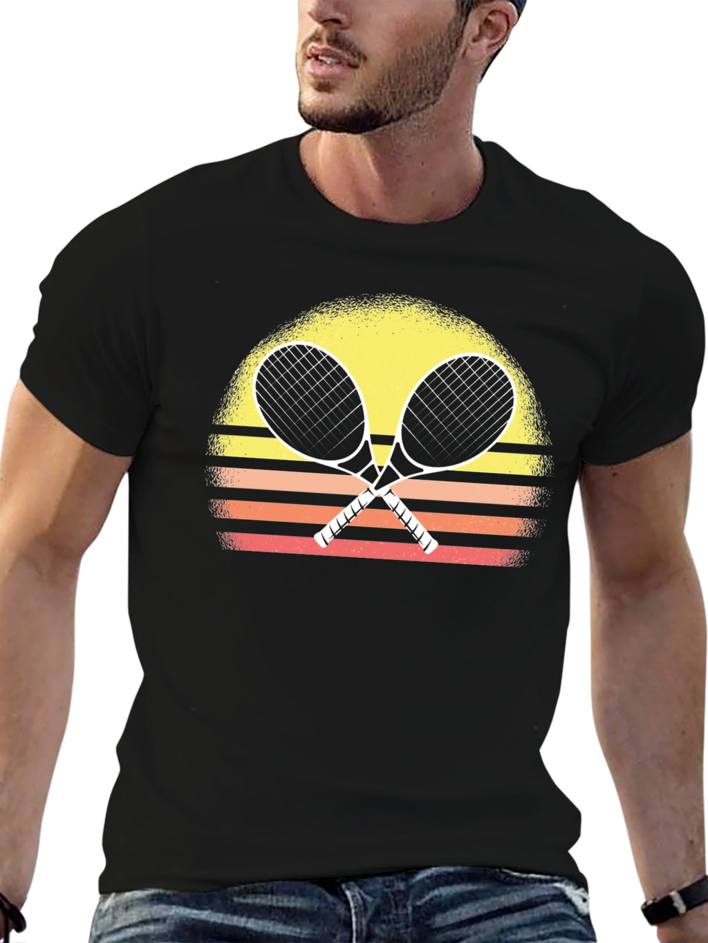 Retro Tennis Racquet T-Shirt Sunset Design