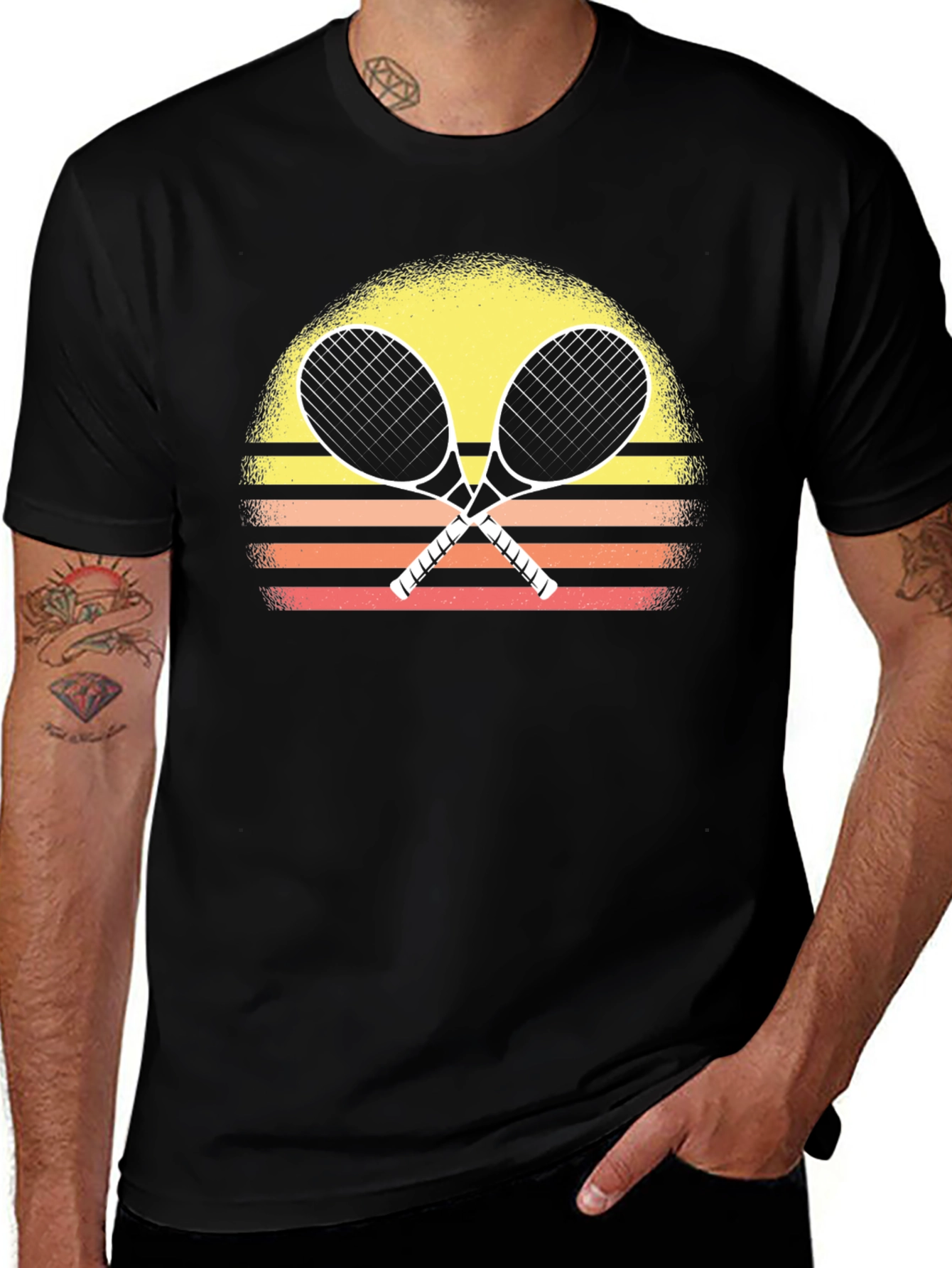 Retro Tennis Racquet T-Shirt Sunset Design