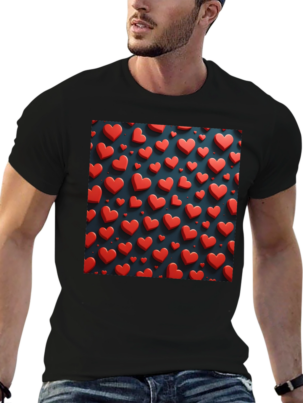 Heart Pattern Black T-Shirt for Men