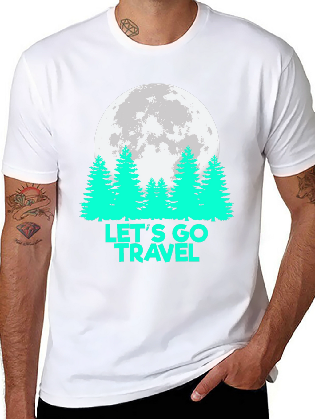 Lets Go Travel T-Shirt Moon Pine Tree Graphic Tee