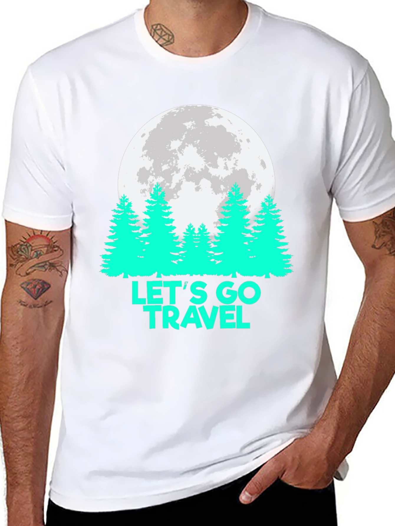 Lets Go Travel T-Shirt Moon Pine Tree Graphic Tee
