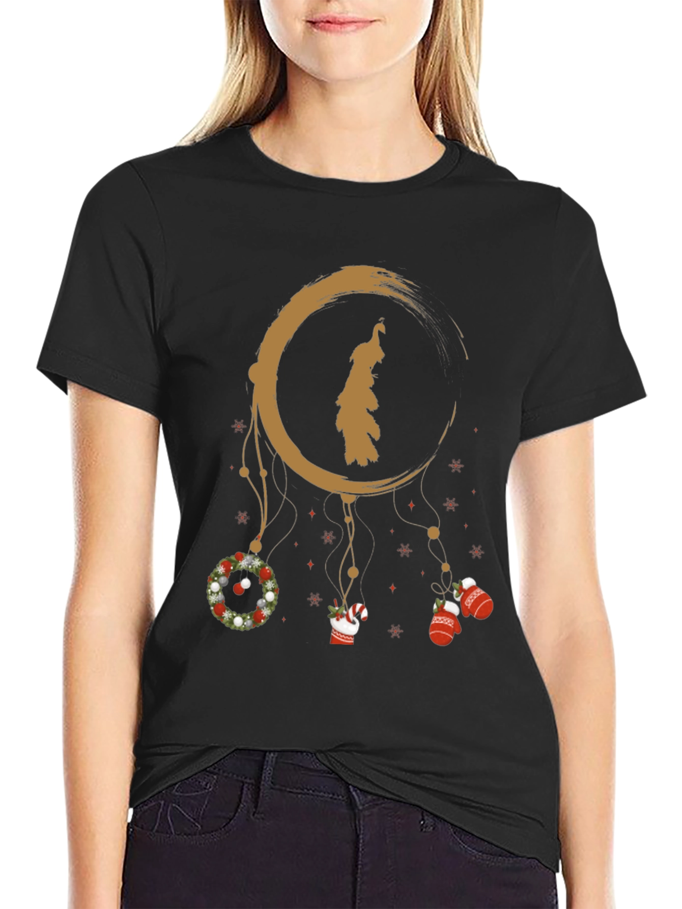 Festive Holiday Dreamcatcher Graphic Tee - Black