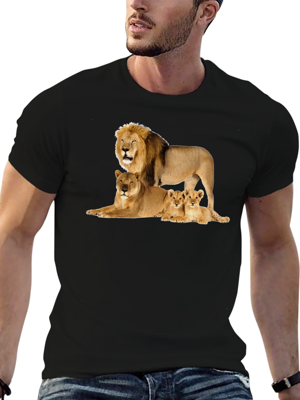 Lion Family Graphic Tee - Black Cotton T-Shirt