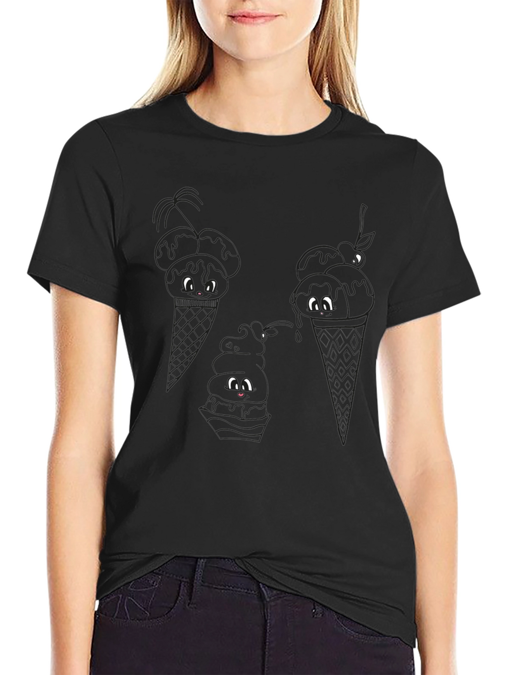 Cute Ice Cream Cone Graphic Tee - Black