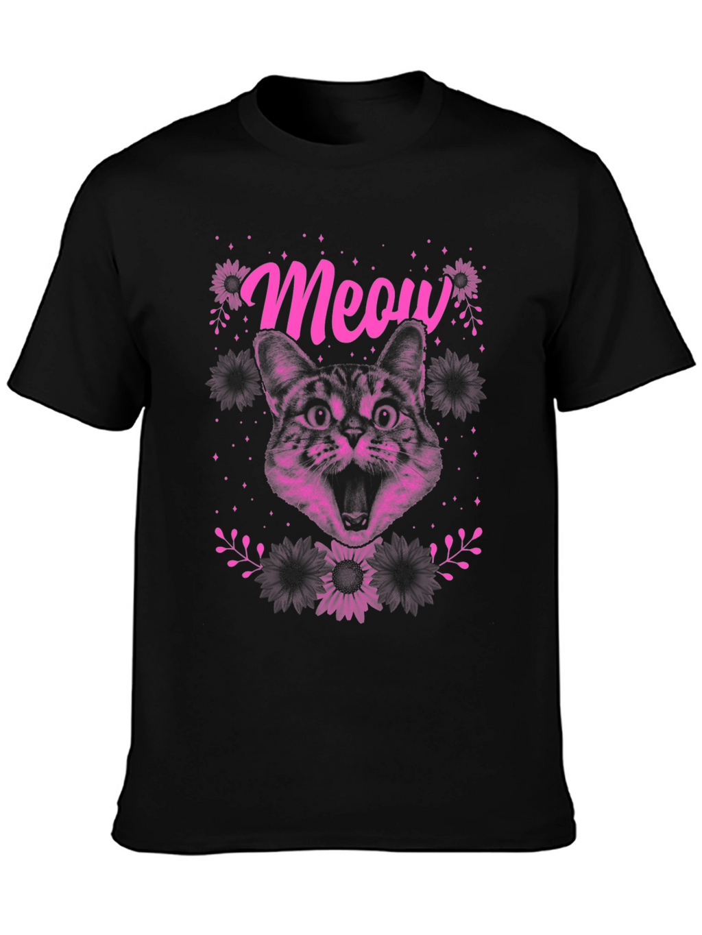 Meow Cat Graphic Print Tee - Black