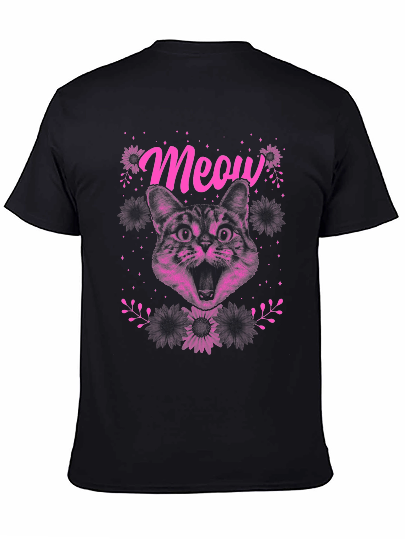 Meow Cat Graphic Print Tee - Black