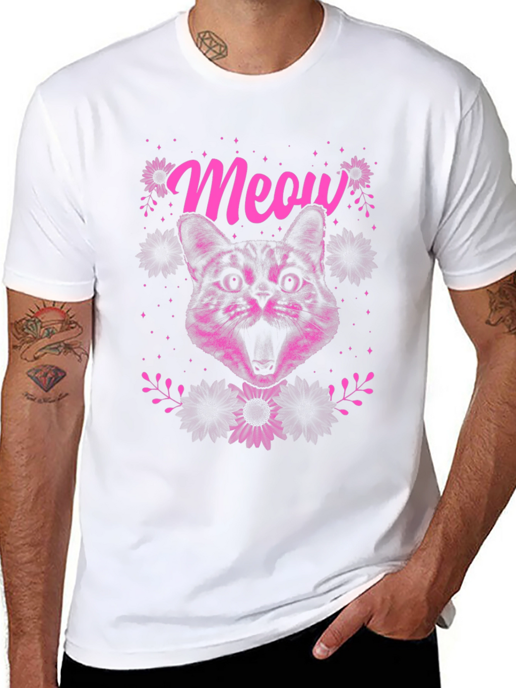 Meow Cat Graphic Print Tee - Black