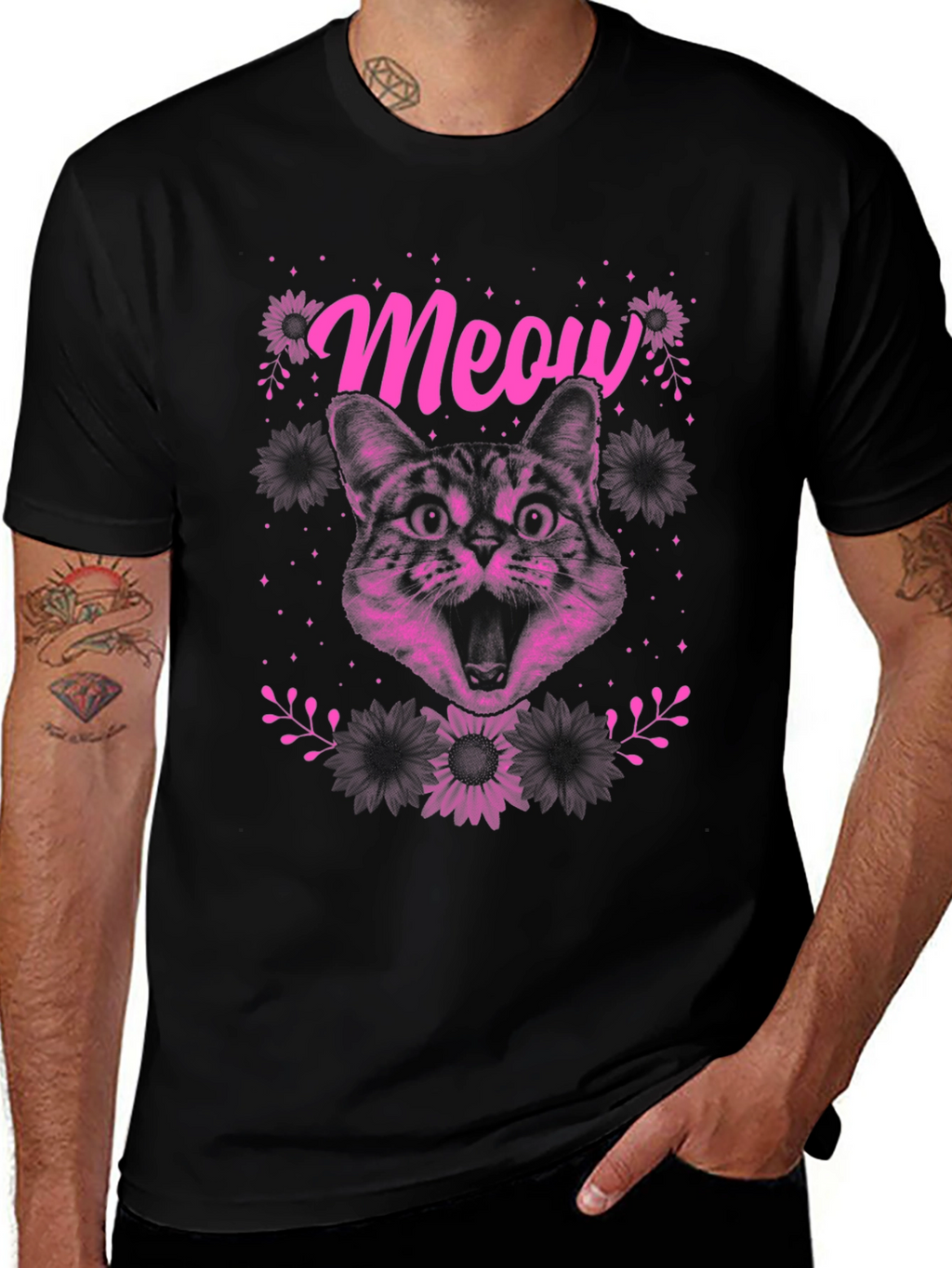Meow Cat Graphic Print Tee - Black