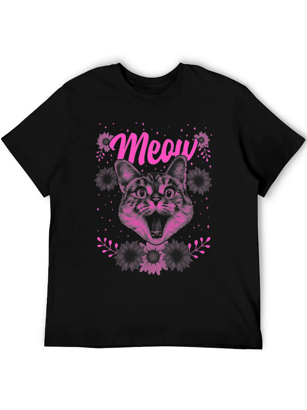 Meow Cat Graphic Print Tee - Black
