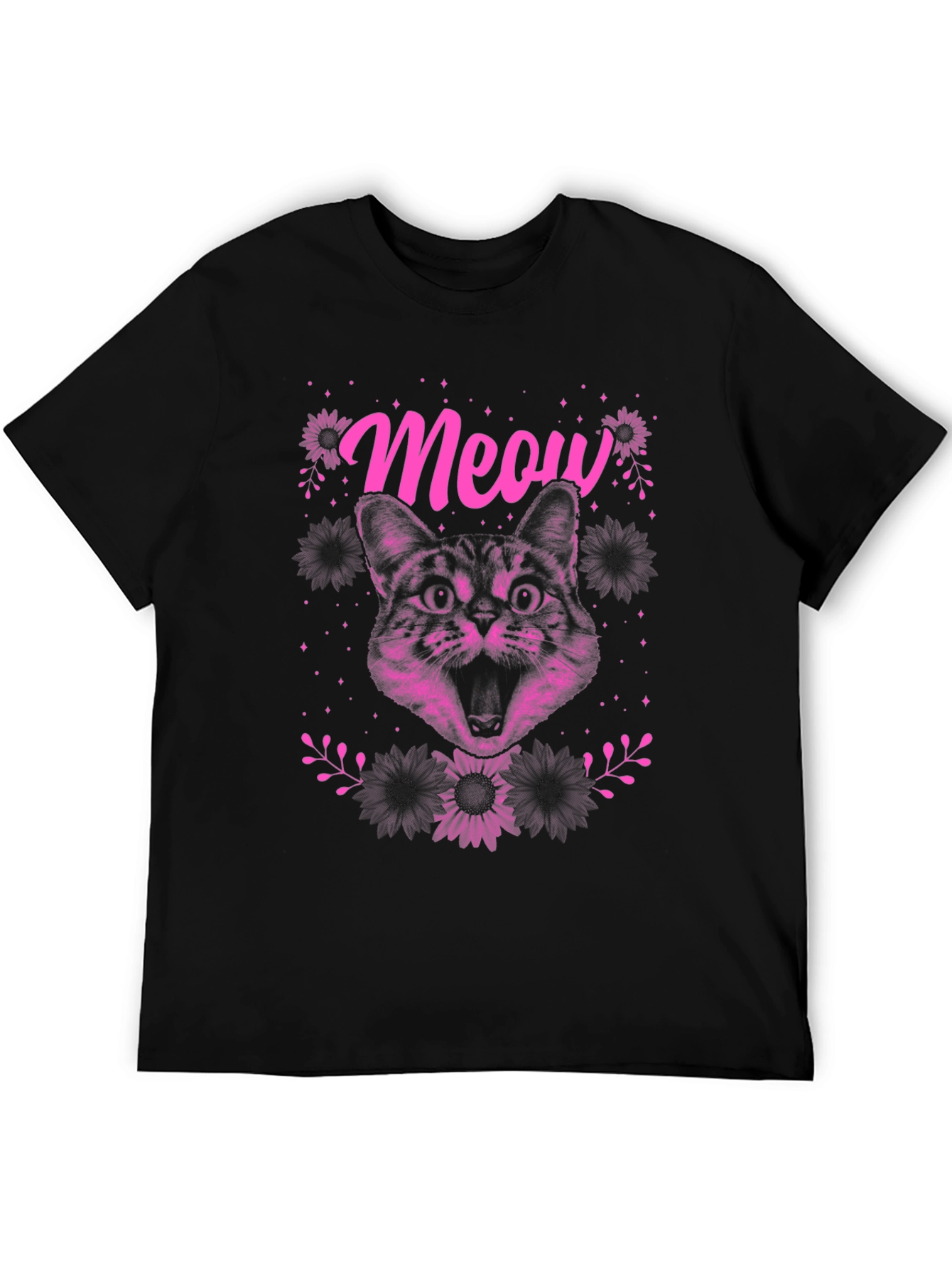 Meow Cat Graphic Print Tee - Black