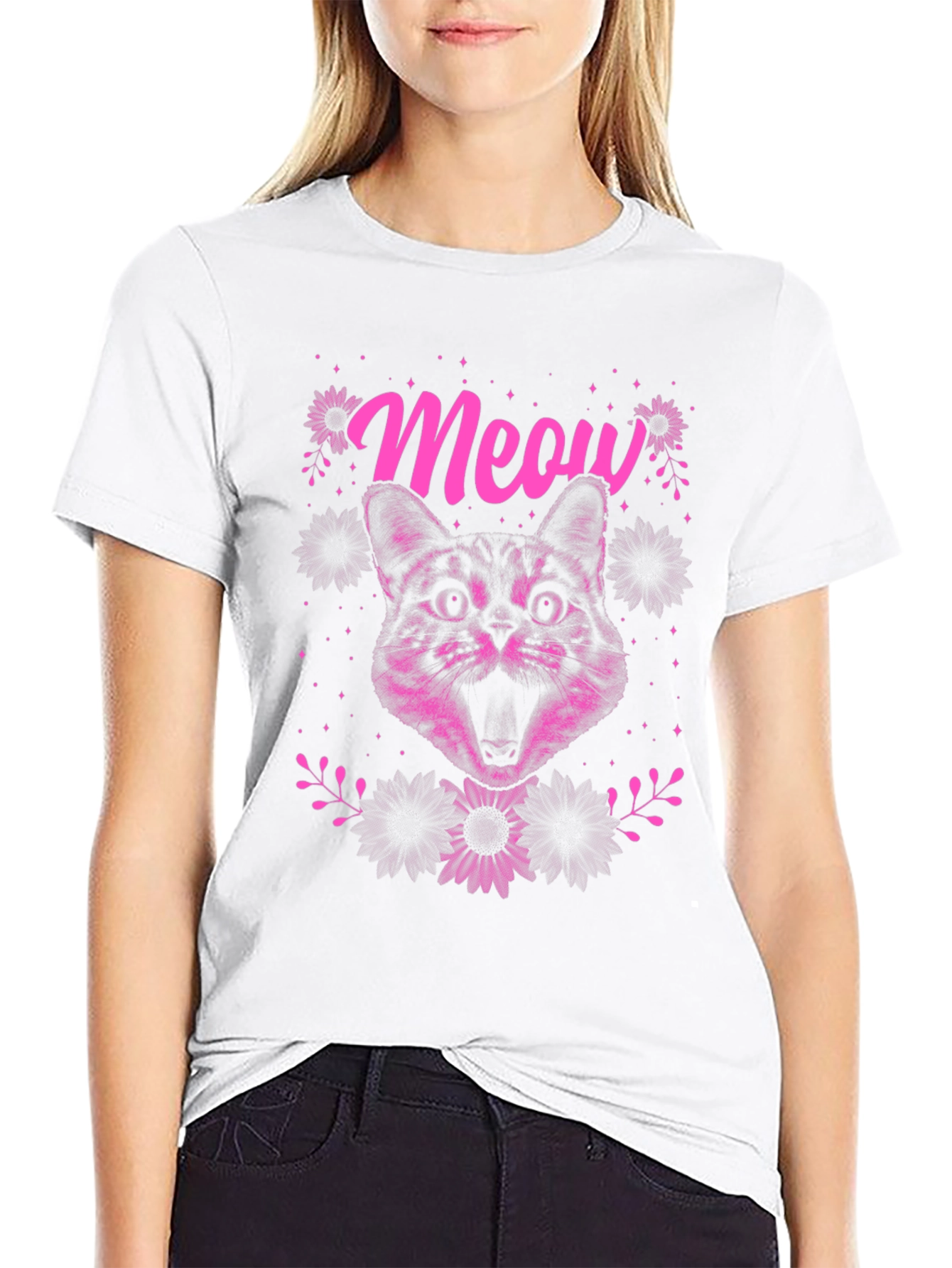 Meow Cat Graphic Print Tee - Black