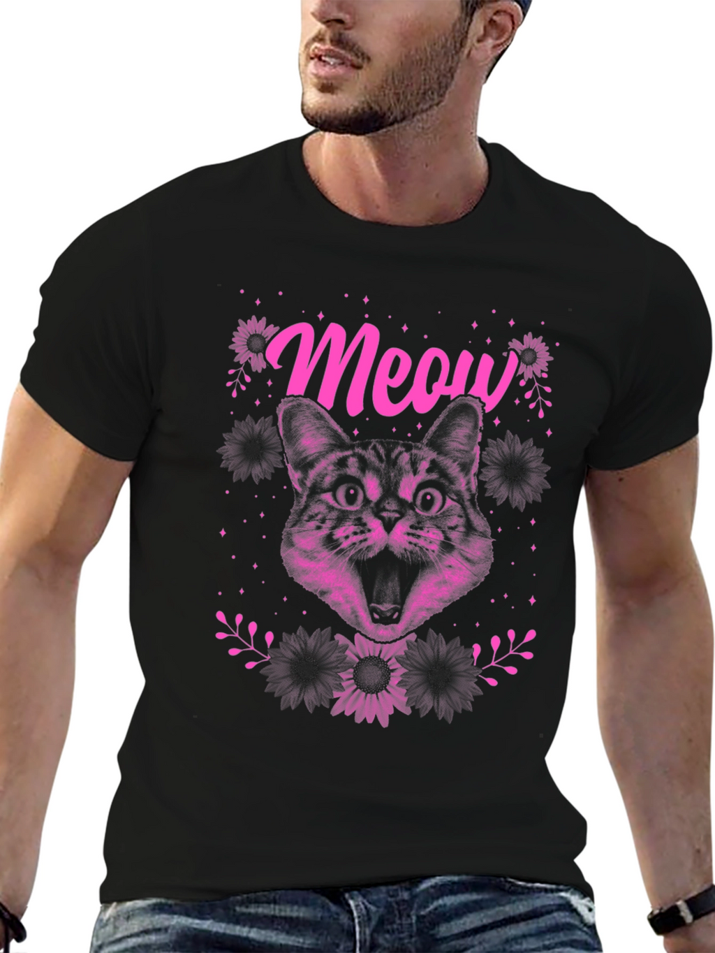 Meow Cat Graphic Print Tee - Black