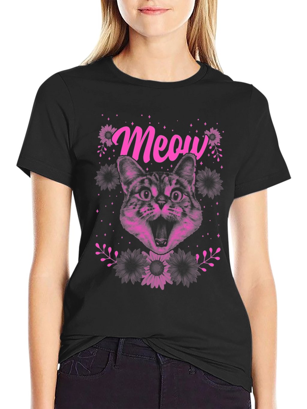 Meow Cat Graphic Print Tee - Black