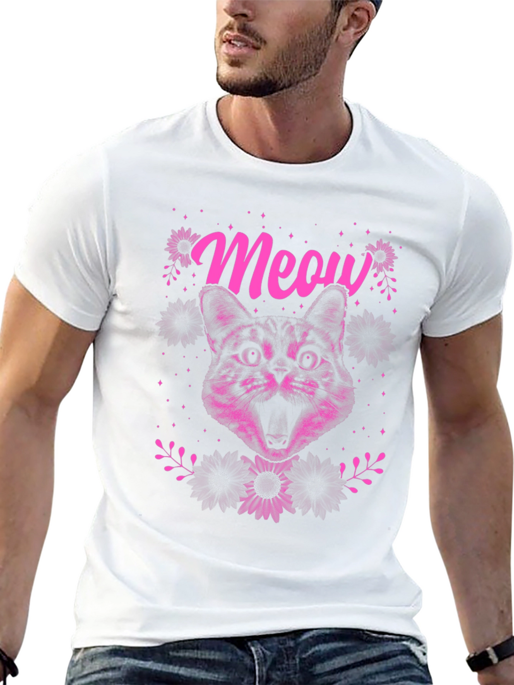 Meow Cat Graphic Print Tee - Black