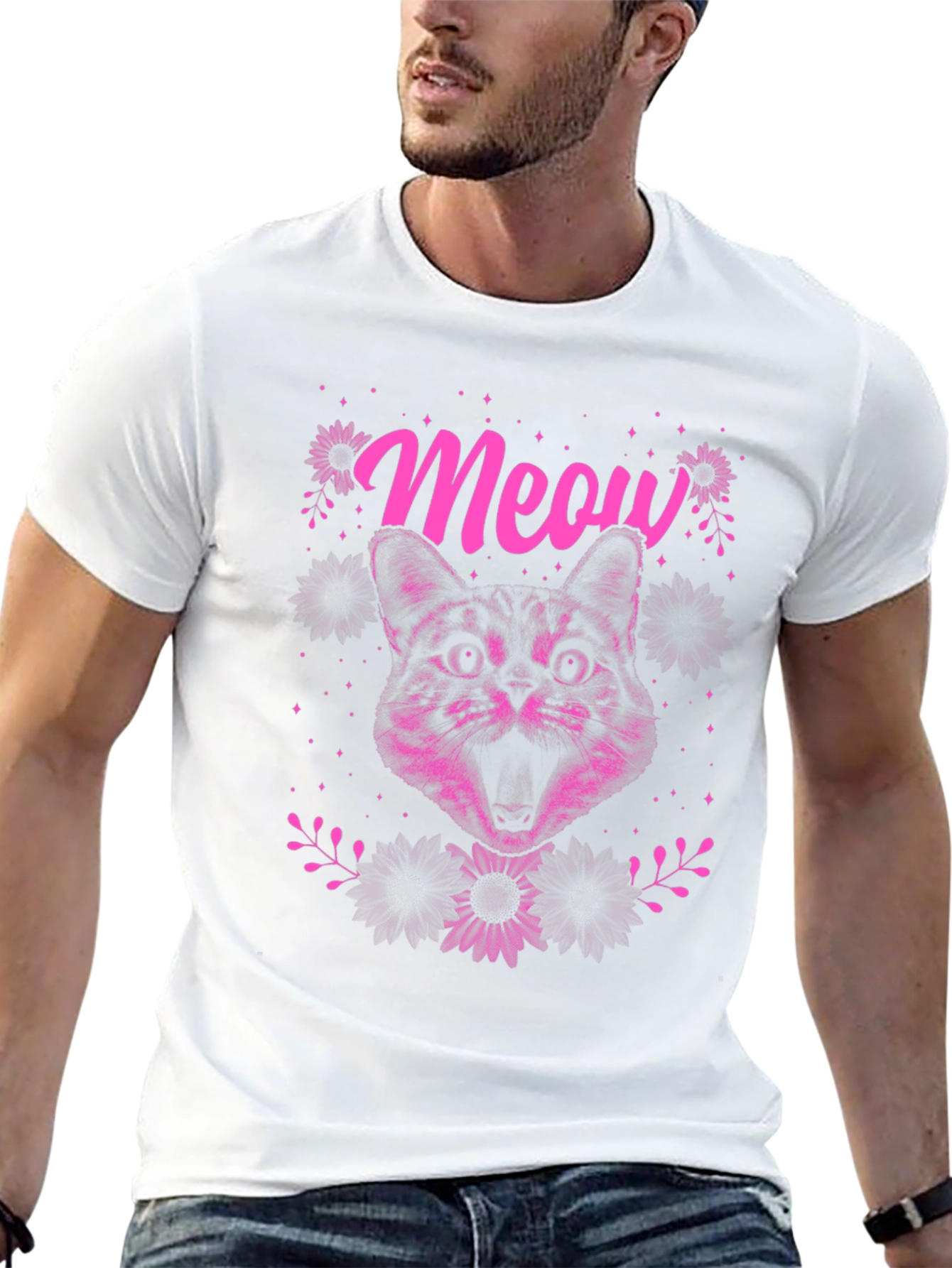 Meow Cat Graphic Print Tee - Black