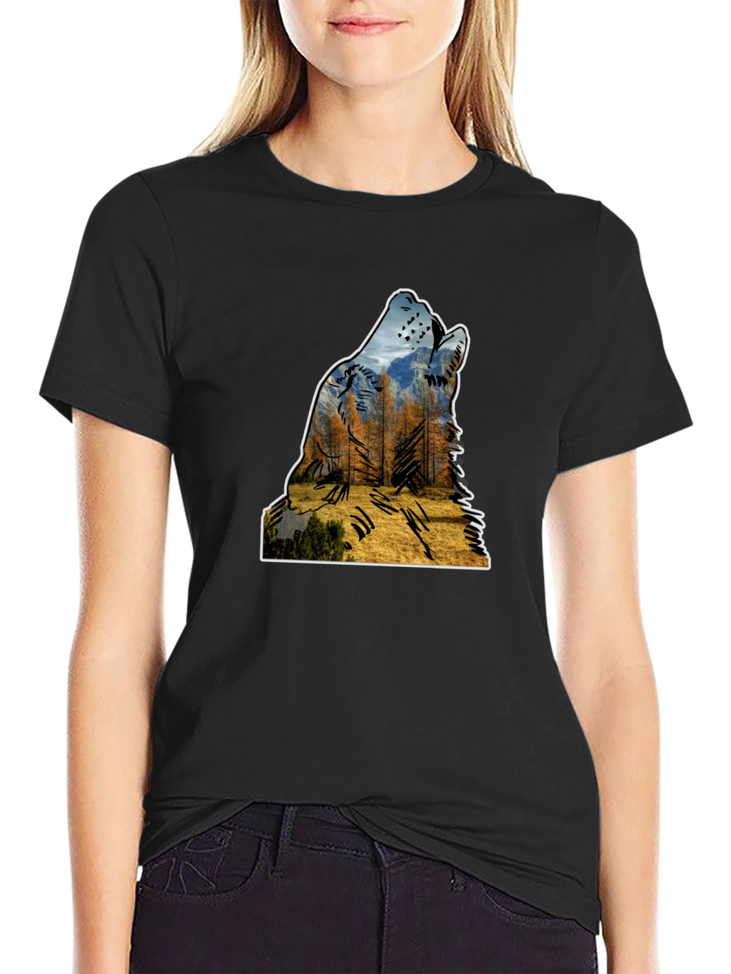 Wolf Silhouette Nature Graphic Mens Black T-Shirt