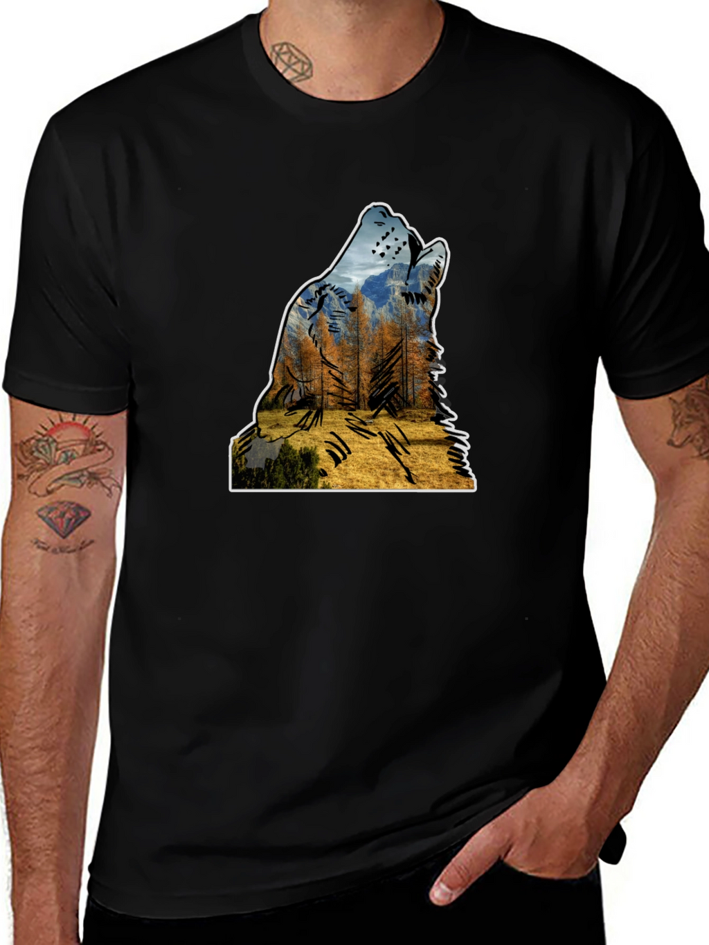 Wolf Silhouette Nature Graphic Mens Black T-Shirt