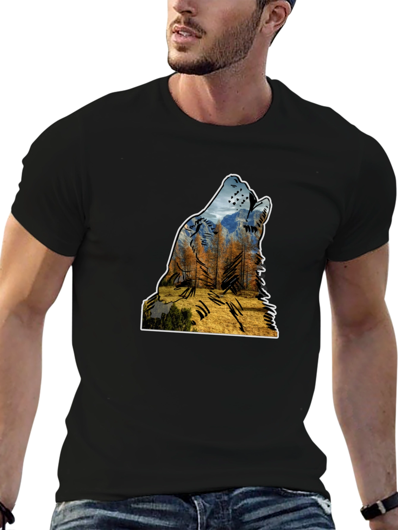 Wolf Silhouette Nature Graphic Mens Black T-Shirt