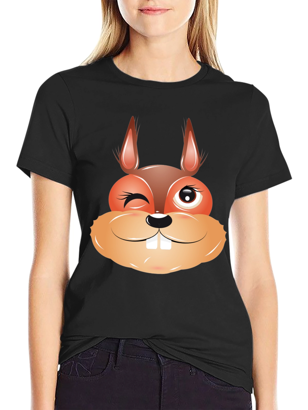 Funny Squirrel Face Graphic Black T-Shirt