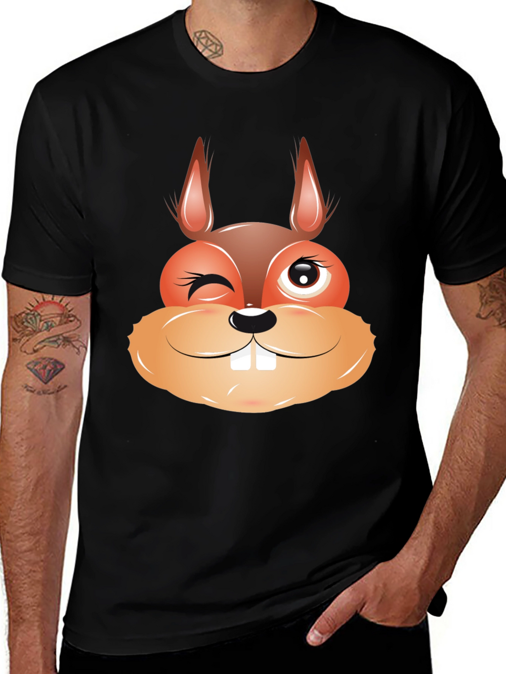 Funny Squirrel Face Graphic Black T-Shirt