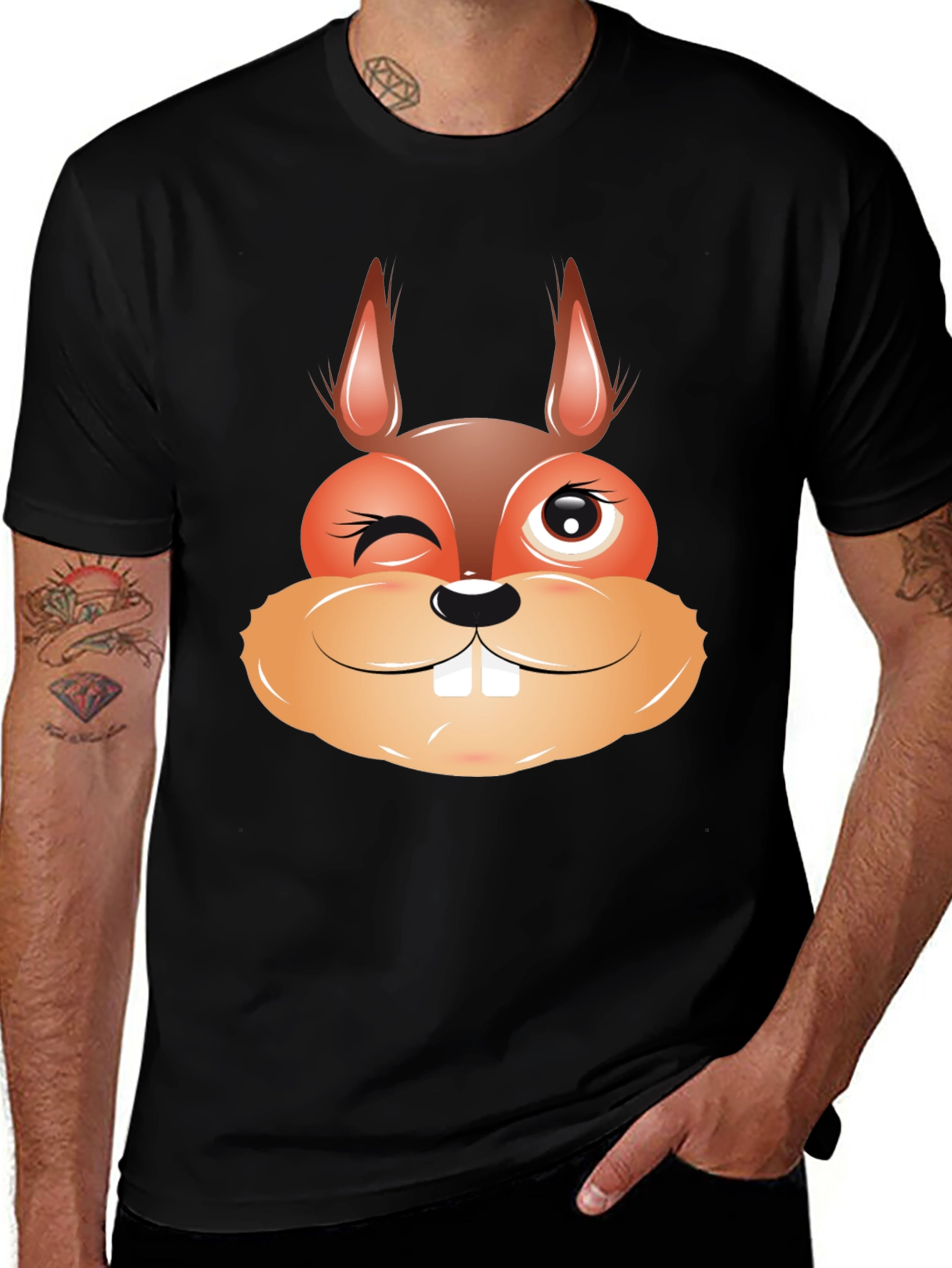 Funny Squirrel Face Graphic Black T-Shirt