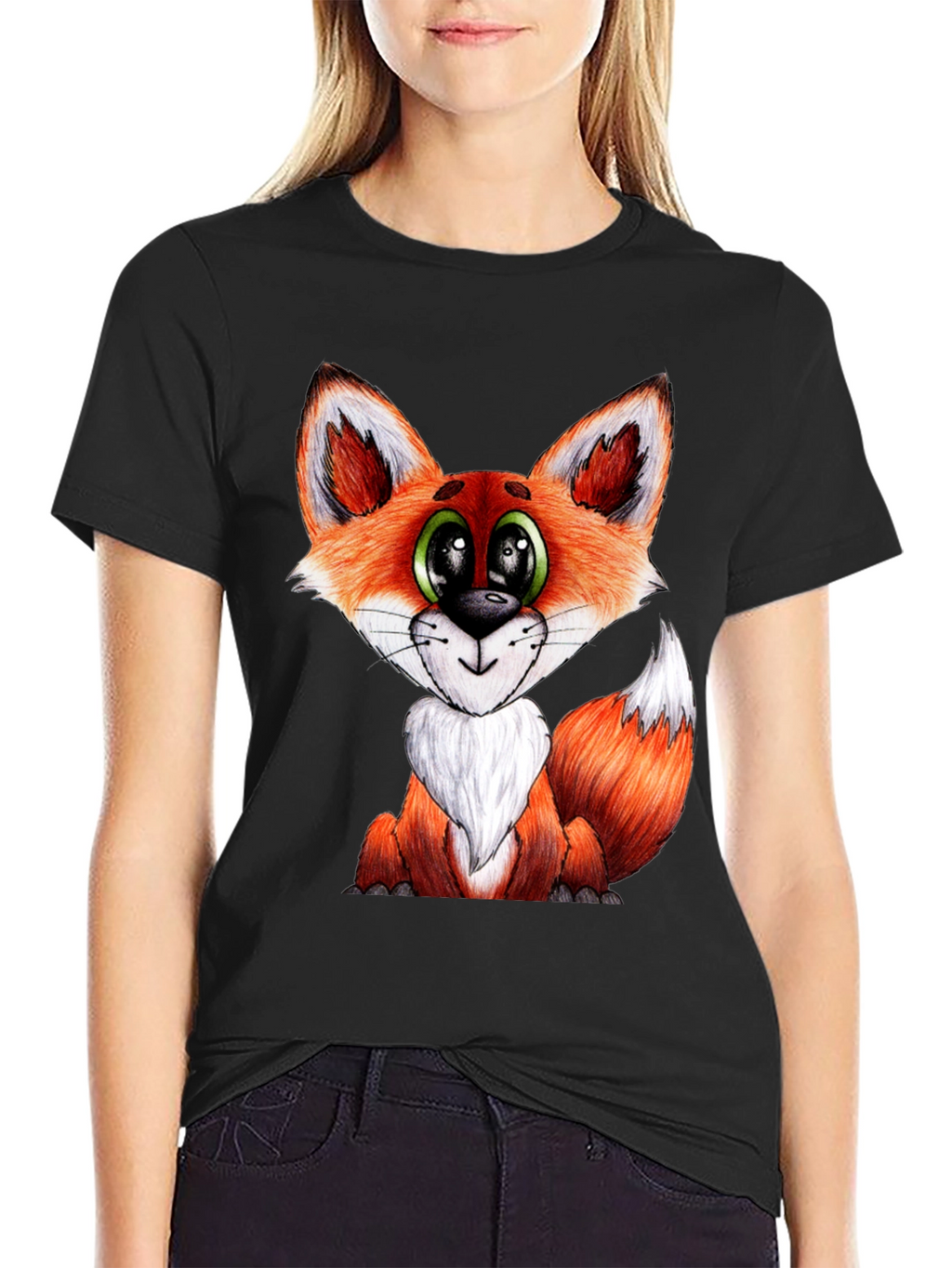 Cute Cartoon Fox Graphic Black T-Shirt