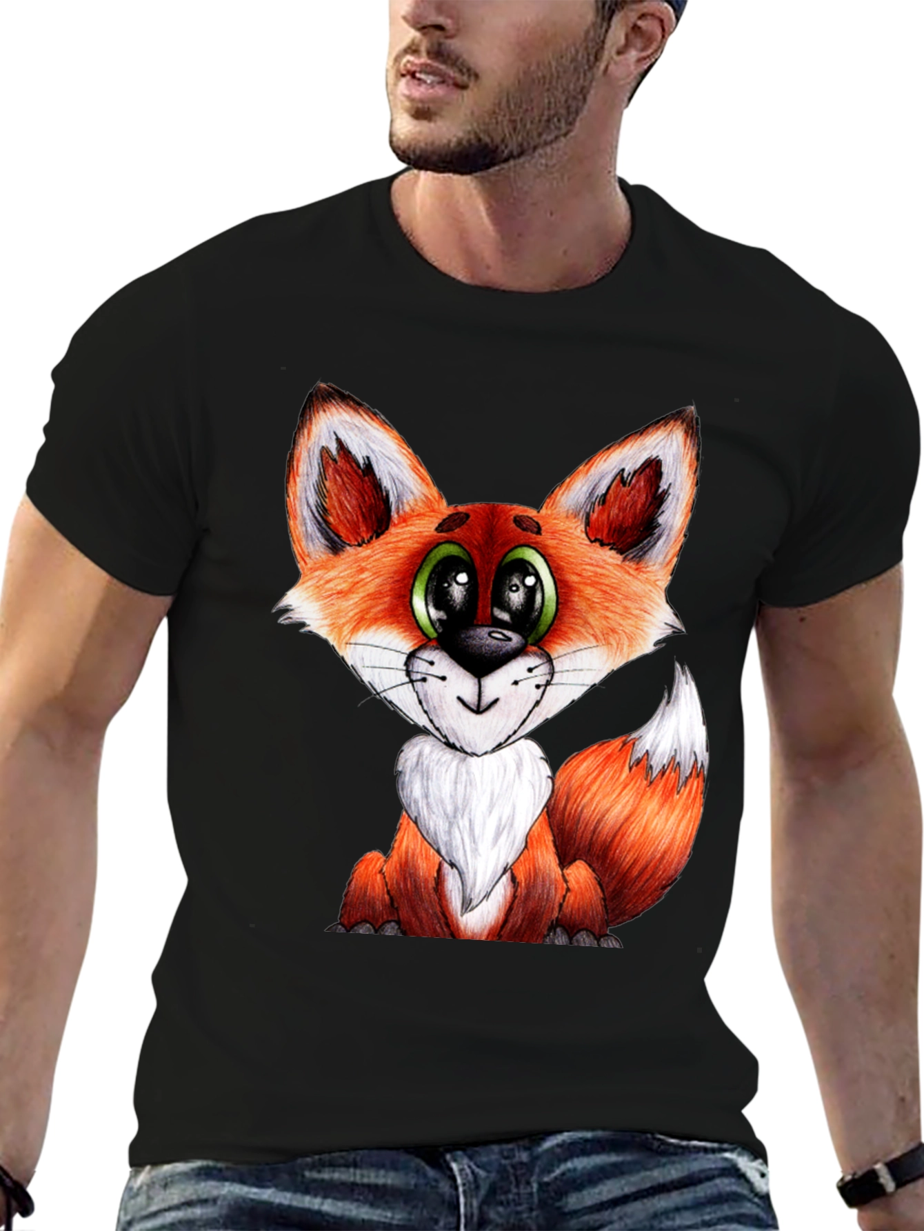 Cute Cartoon Fox Graphic Black T-Shirt