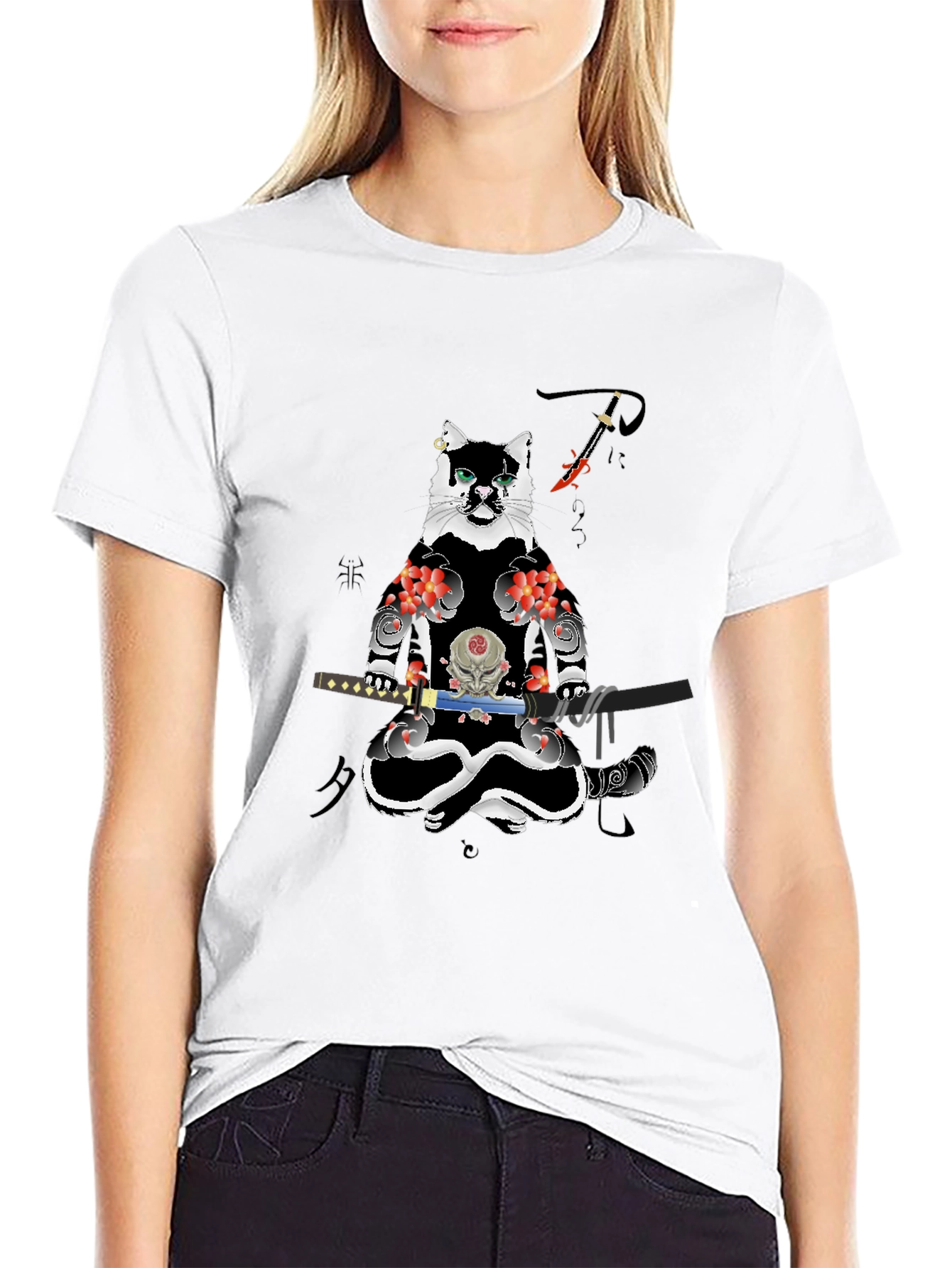 Samurai Cat T-Shirt - Black Cotton Blend Tee